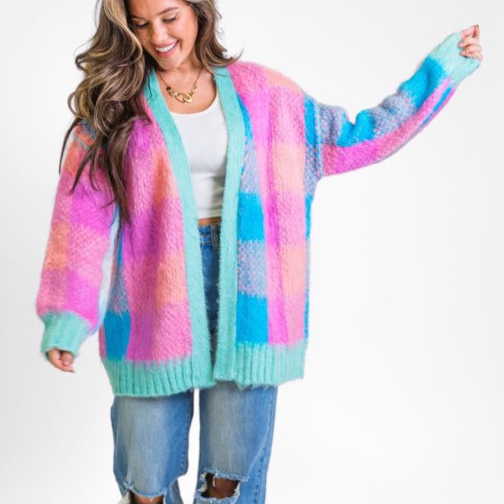 Pink Lily Bright Spirits Multi Plaid Cardigan - S